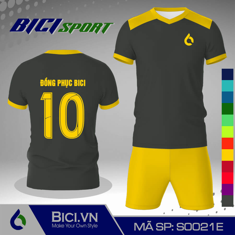 S0021E Set áo bóng đá màu xám đậm phối vàng cúc sống động